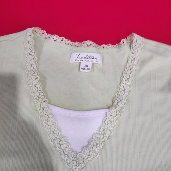 Tradition white blouse with V neck + lace women's size L 14 / 16 - Picture 2 of 5